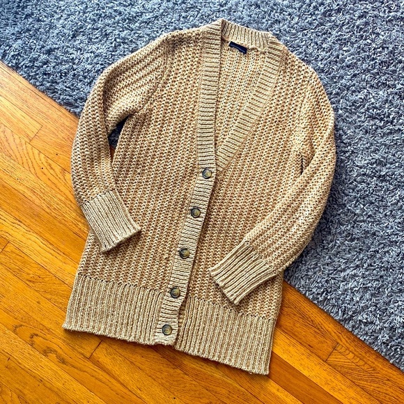 MODA International Gold Metallic Thick Long Sleeve Button Down Cardigan Sweater - Picture 1 of 11